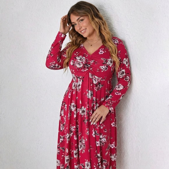 torrid Dresses & Skirts - Torrid Womens 2X Red Stretch Floral V-Neck Ruched Empire Waist Midi Dress